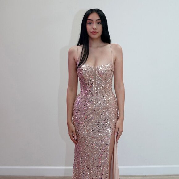 New Sheath Party Long Dress w/ Straight Across Neck & Lace Up Back JT2730H - Picture 1 of 8